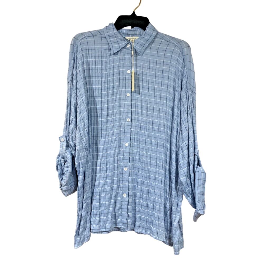 NWT - Max Studio Womens Button Down Tunic Blouse Blue Plaid Design - Size Large